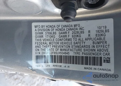 2020 Honda Civic Lx z USA, uszkodzony, nr VIN 2HGFC2F65LH504845